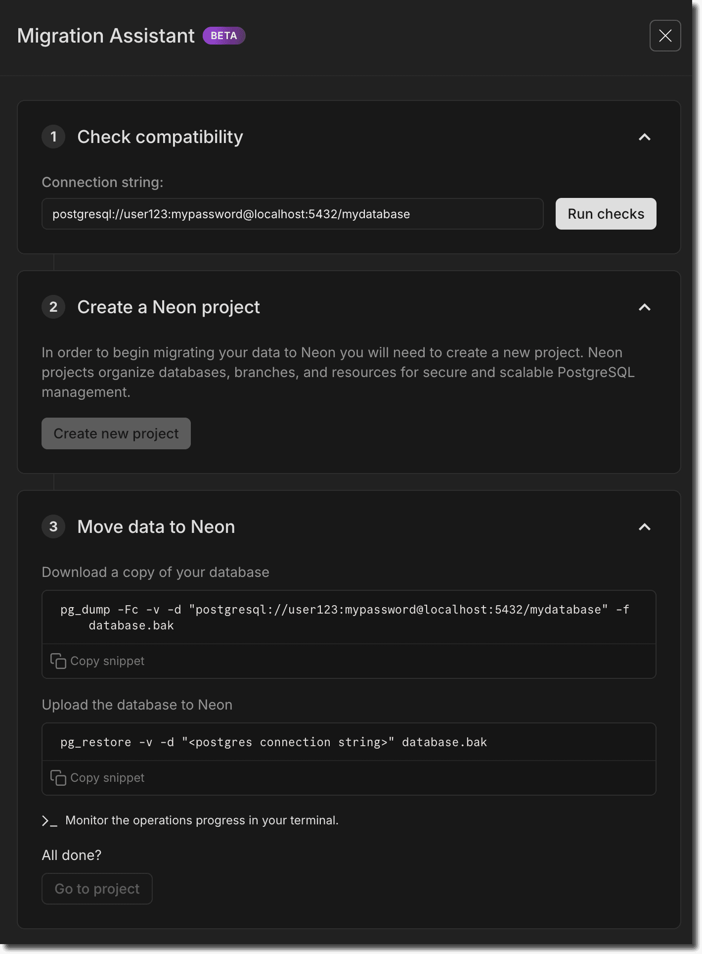 Neon Migration Assistant interface